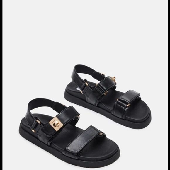 Steve Madden Mona Leather black straps Sandals with gold tone accents SZ10M - Picture 1 of 12